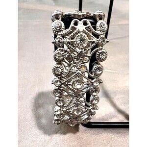VINTAGE 1" WIDE STRETCH SILVER TONE BRACELET WITH RHINESTONES SIZE 7"